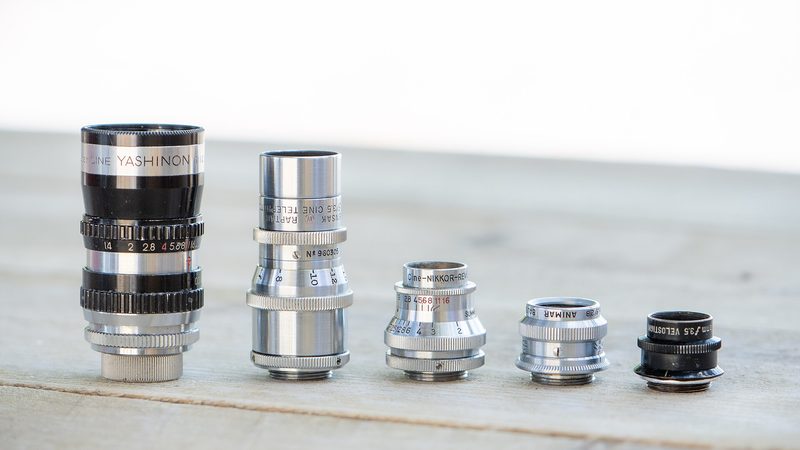 Cinema camera lenses on a table