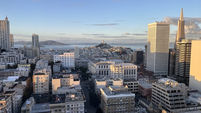 The San Francisco skyline at dusk in February 2024