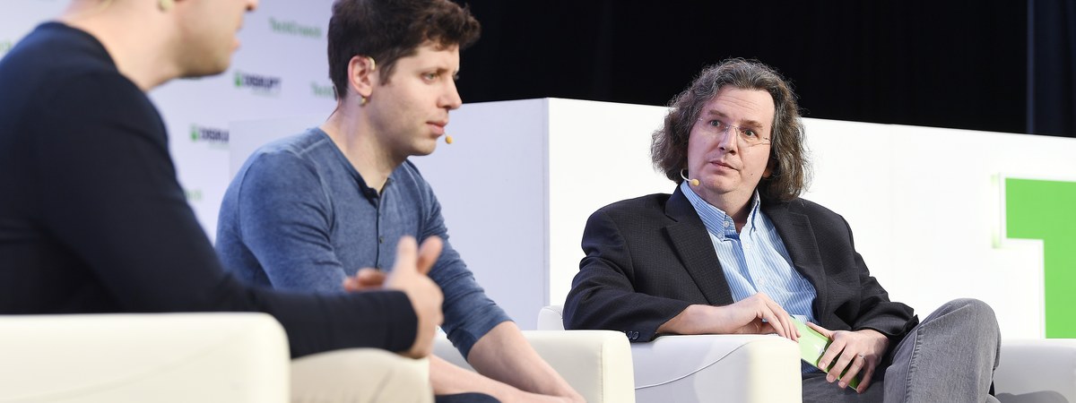Greg Brockman and Sam Altman onstage together at TechCrunch Disrupt 2019
