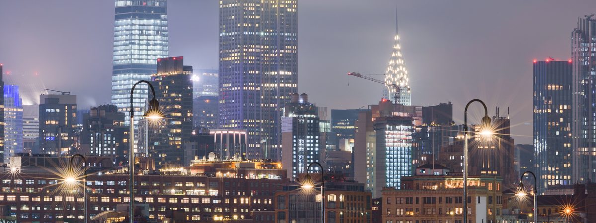 The Midtown Manhattan skyline at night in New York City