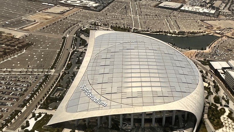 Aerial view of SoFi Stadium in Inglewood, California — the stadium carries the name of the company Cagney co-founded